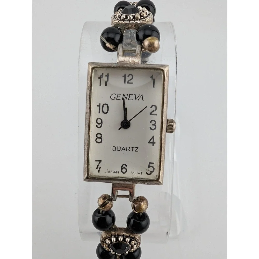 Geneva Watch Women 19mm Case Silver & Black Beaded Band Toggle Clasp New Battery